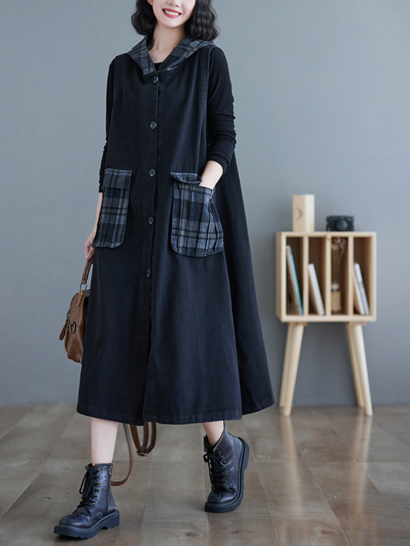 Black Hooded Sleeveless Button Front Plaid Pocket Denim A-Line Midi Dress