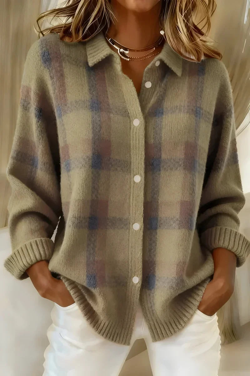 Brown Collared Brushed Plaid Knit Button-Up Shirt Cardigan