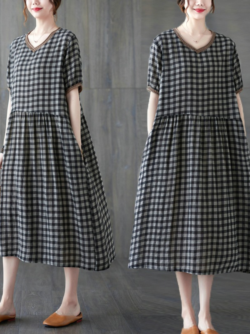 Black V-Neck Gingham Check Short Sleeve Smock Loose A-Line Midi Dress 3