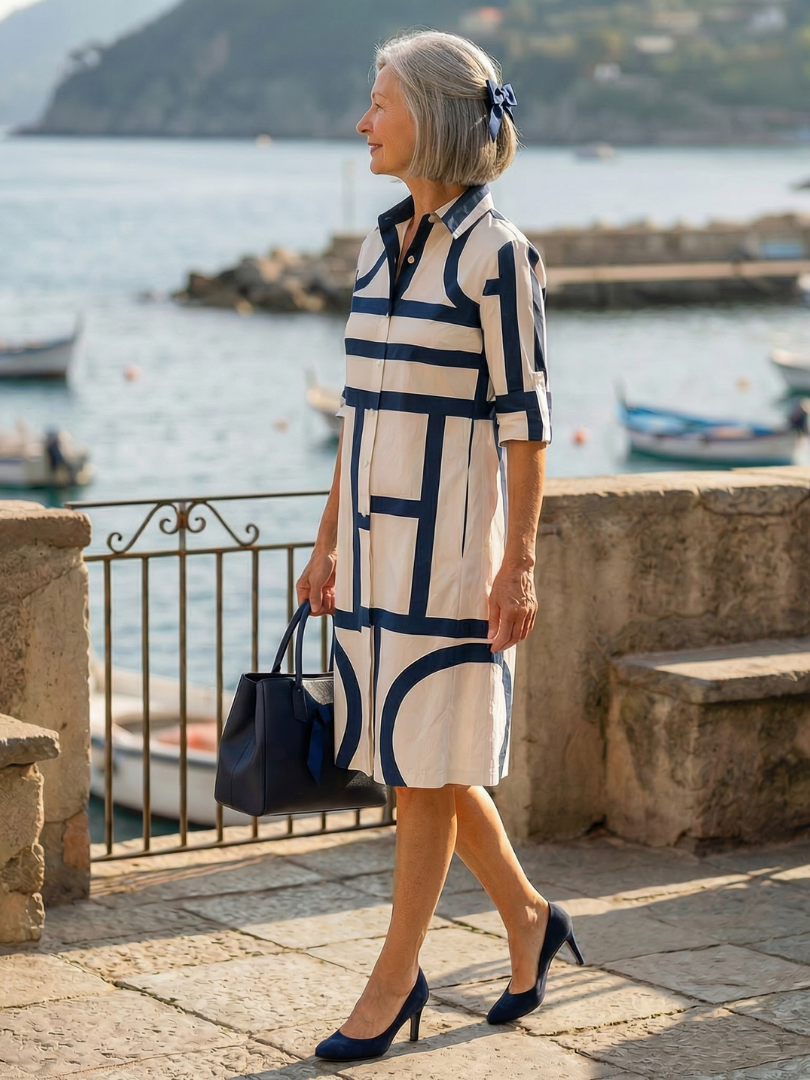Blue Collared Button Front Geometric Print Roll-Tab Sleeve Midi Dress
