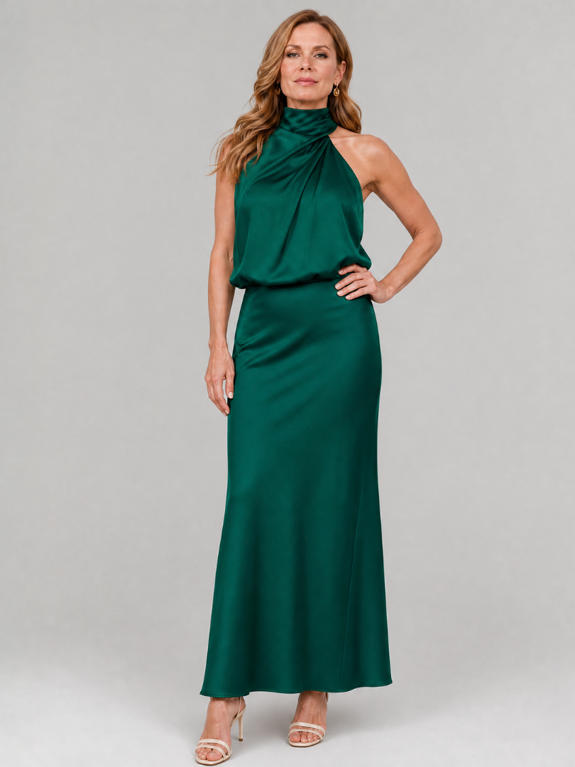 Halter Neck Twist Front Blouson Satin Column Maxi Dress 5