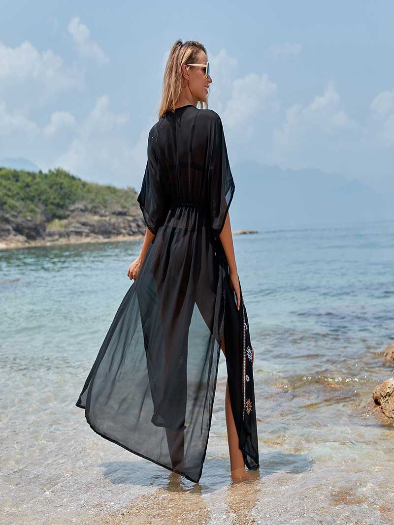 Black Sun Embroidered Mirror Sheer Tie Waist Long Kimono