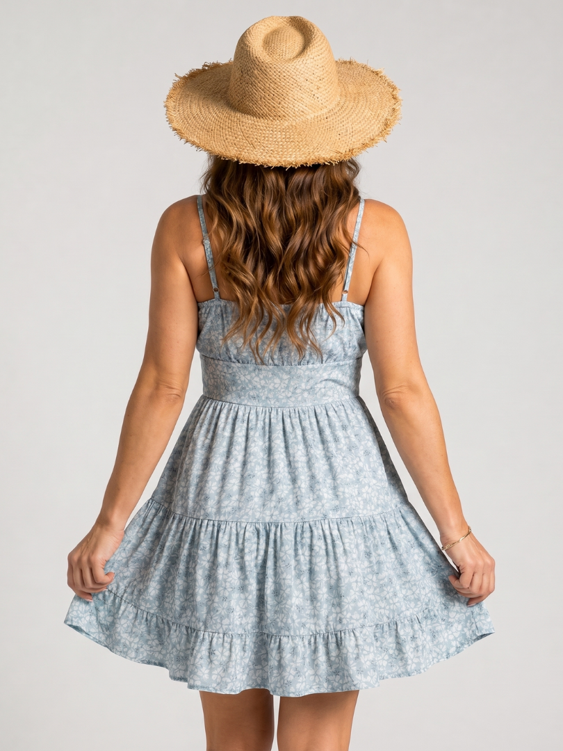 Sky Blue Spaghetti Strap Ditsy Floral Shirred Tiered Flared Mini Dress 4