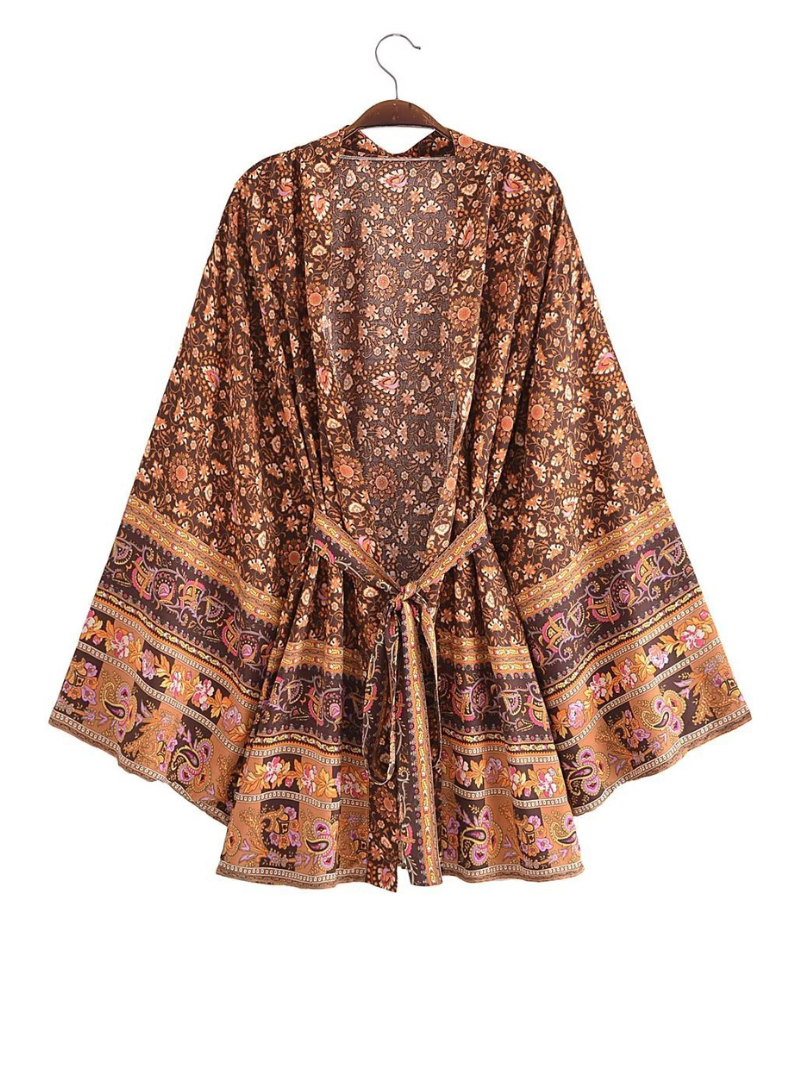 Paisley Floral Print Border Bell Sleeve Short Kimono 4