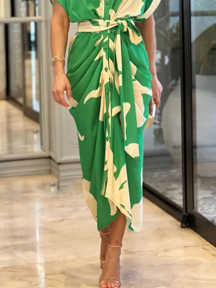 Casual Lapel Neck Waist Print Shirt Dress