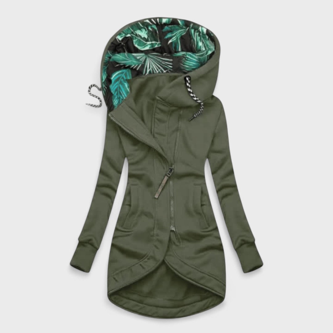 Hooded Asymmetric Zip Leaf-Lined Curved Hem Fleece Jacket 4