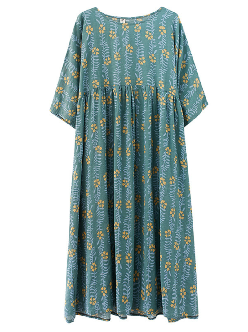 women summer loose round neck print short-sleeved plus size mid-length smocked dress