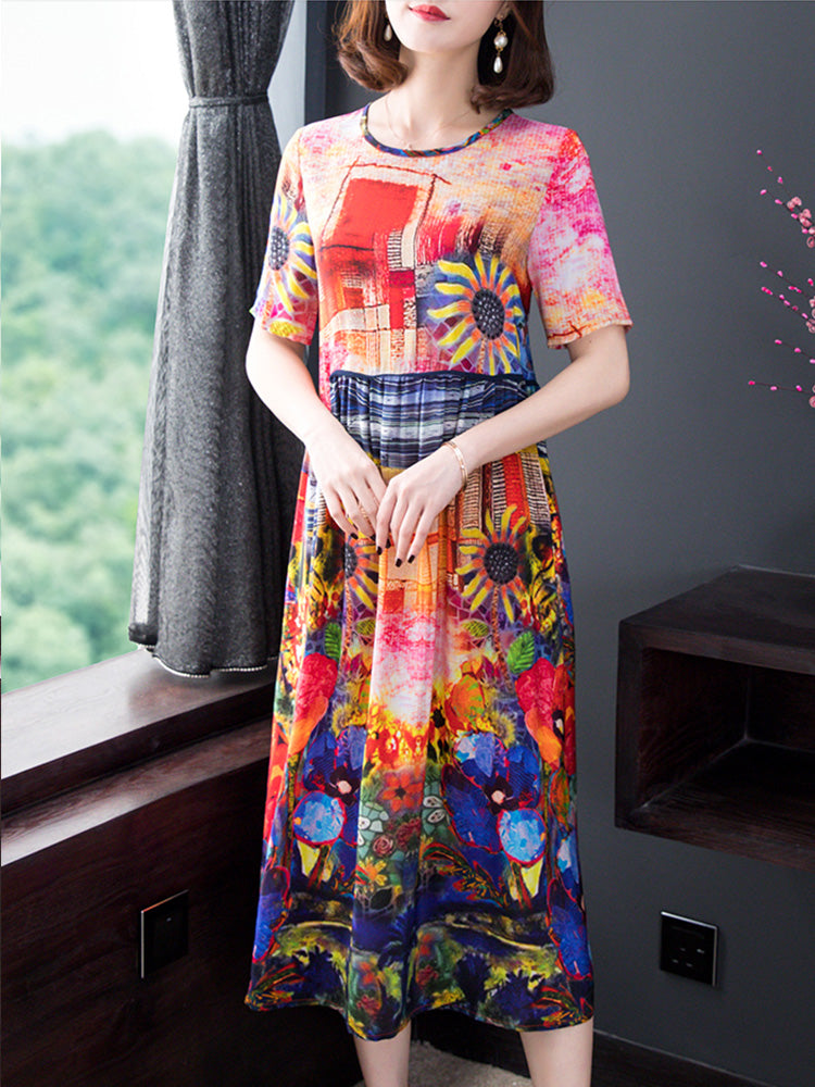 Round Neck Sunflower Floral Print Short Sleeve A-Line Midi Dress