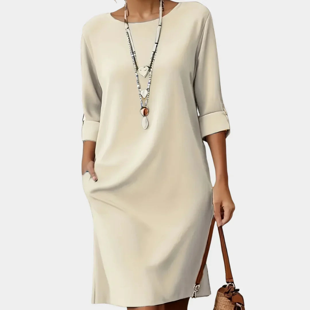 Round Neck Roll-Tab Sleeve Side Slit Pocket Shift Midi Dress 3