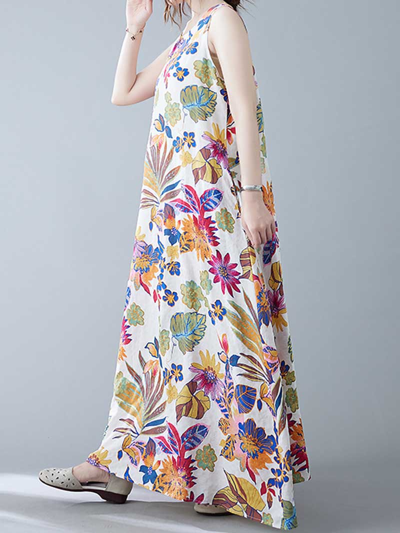 Round Neck Sleeveless Tropical Floral Print Loose A-Line Maxi Dress