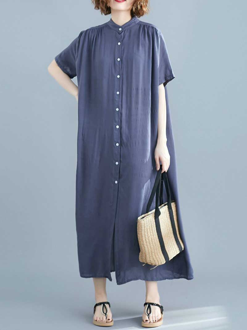 Button Front Short Sleeve Loose Cotton Shirt Maxi Dress 3