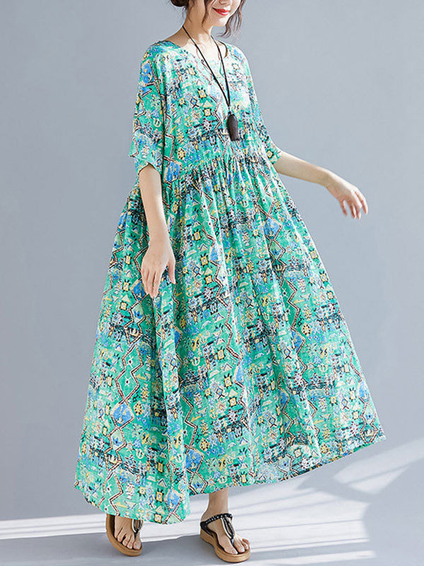 Multi Color Round Neck Geometric Print Batwing Sleeve Loose Smock Maxi Dress 3