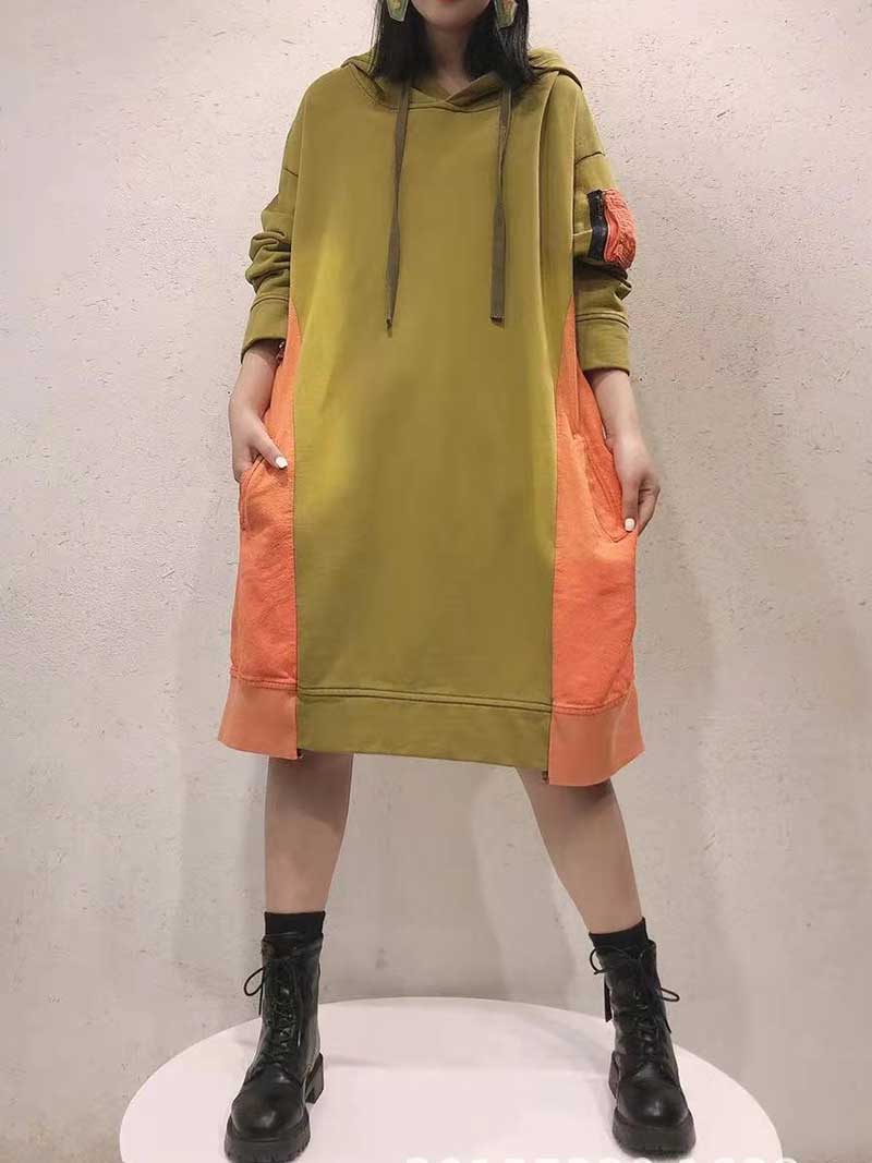 Green Orange Hooded Long Sleeve Color Block Loose Sweatshirt Midi Dress