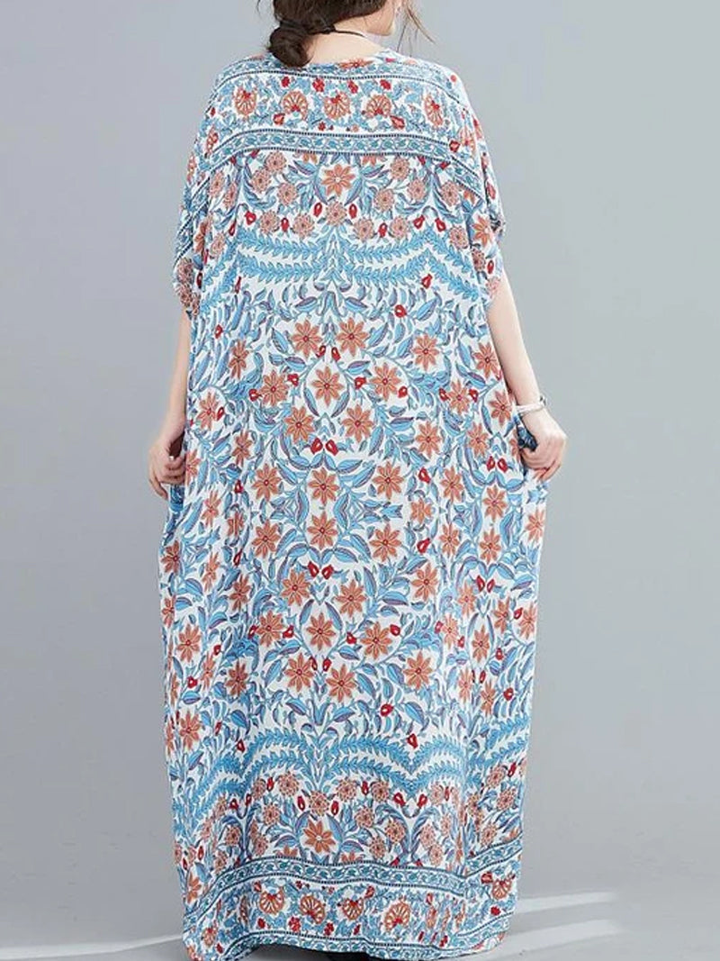 V-Neck Floral Print Batwing Sleeve Loose Kaftan Maxi Dress 3