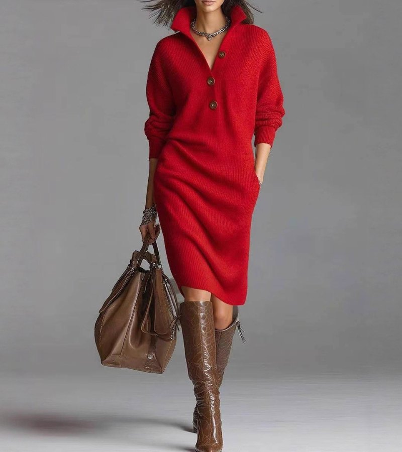 Collared Half-Button Ribbed Knit Long Sleeve Sweater Midi Dress