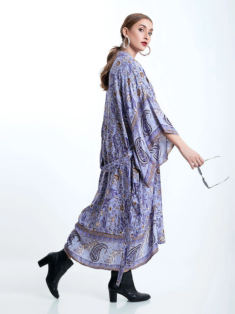 Purple Paisley Floral Print Belted Long Length Kimono Robe 3