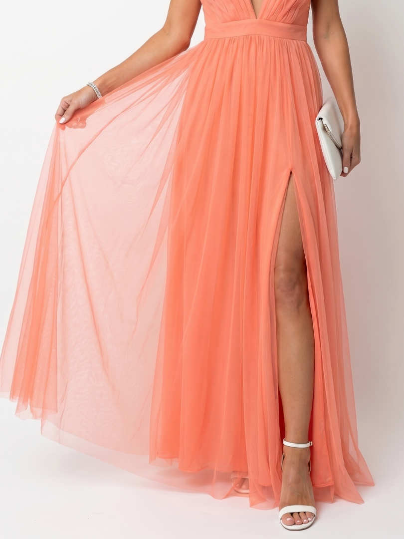 Orange Spaghetti Strap Deep V-Neck Tulle Pleated High Slit Gown 4