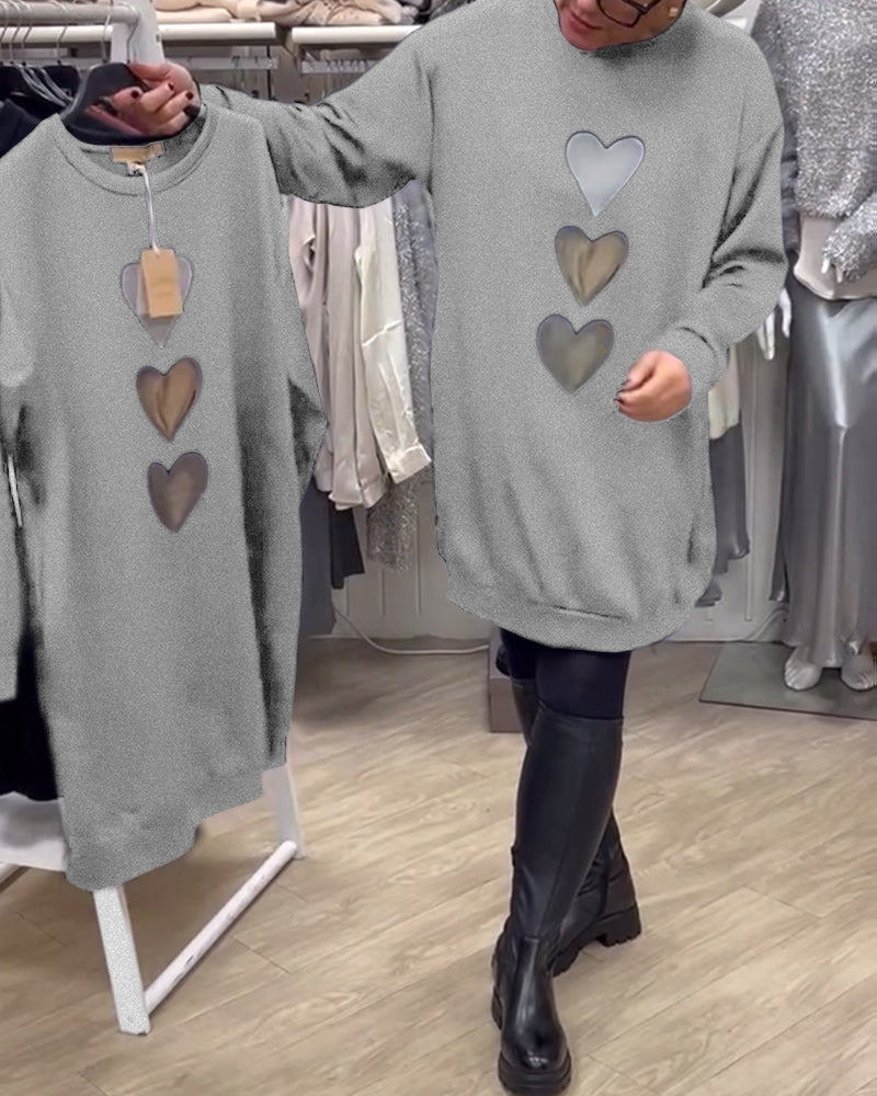 Black Round Neck Heart Print Long Sleeve Sweatshirt Mini Dress