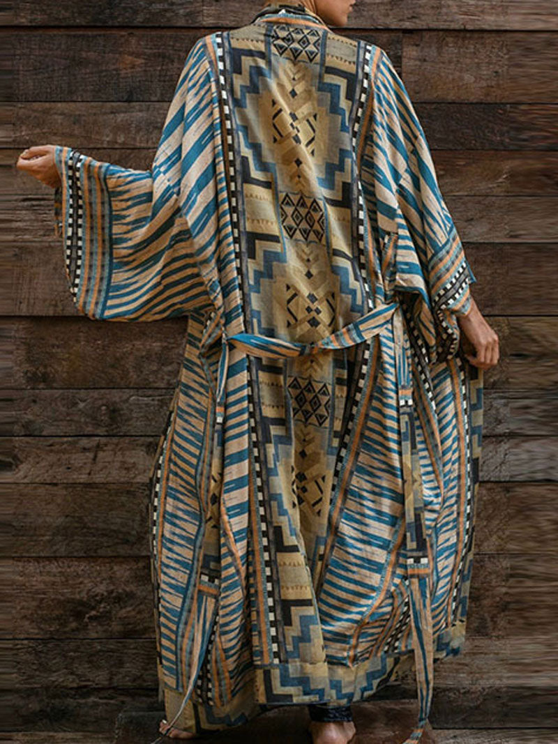 Striped Print Open Front Long Duster Robe Kimono 3
