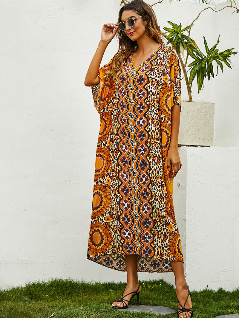 Yellow V-Neck Mandala Leopard Print Batwing Sleeve Kaftan Maxi Dress