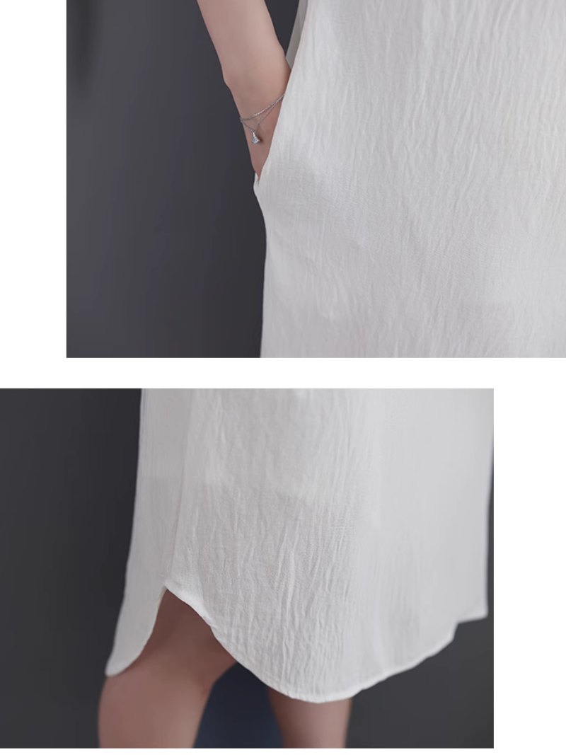 Collared Half Placket Textured Loose Shirt Midi Dress