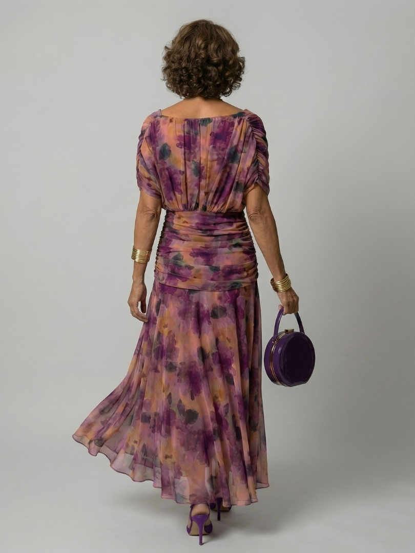 Off-Shoulder Draped Floral Chiffon Ruched A-Line Maxi Dress 4