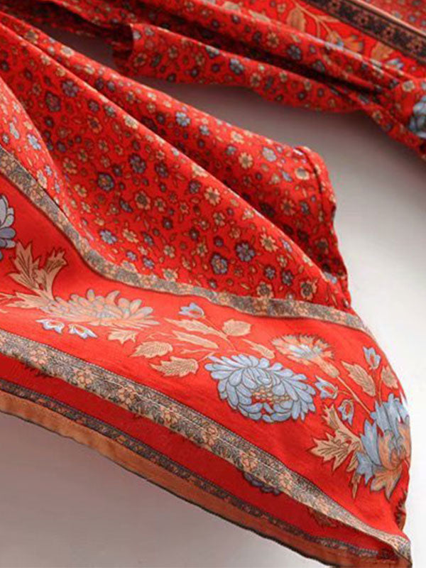 Red Bohemian Floral Border Print Belted Flared Sleeve Long Kimono Robe