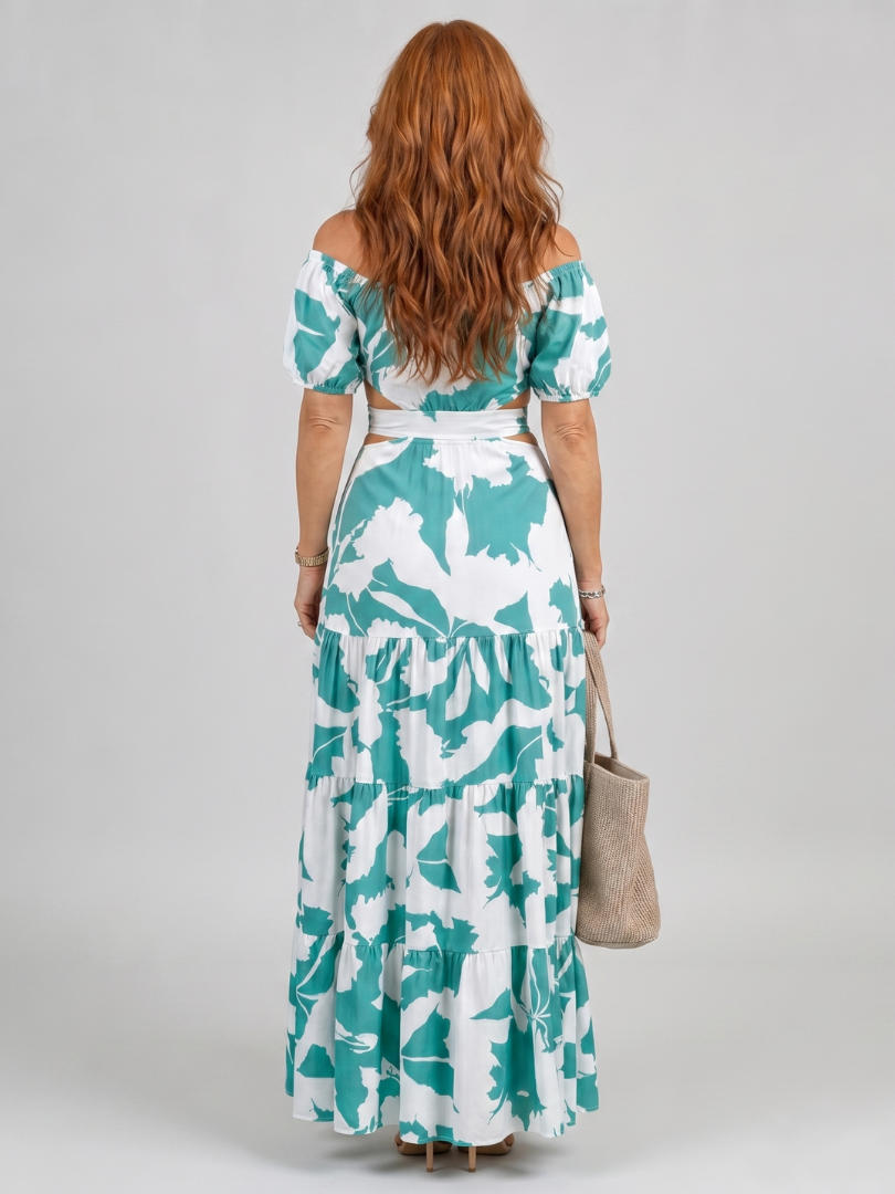 Off-Shoulder Puff Sleeve Floral Print Cutout Waist Tiered Maxi Dress