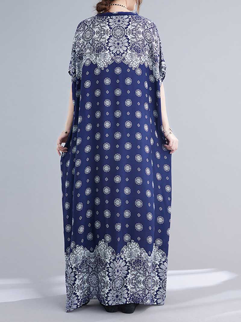 Blue V-Neck Short Sleeve Medallion Print Loose Kaftan Maxi Dress