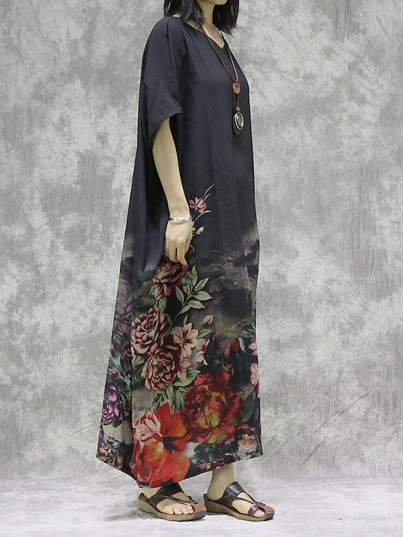Black V-Neck Batwing Sleeve Floral Peony Print Loose Maxi Dress