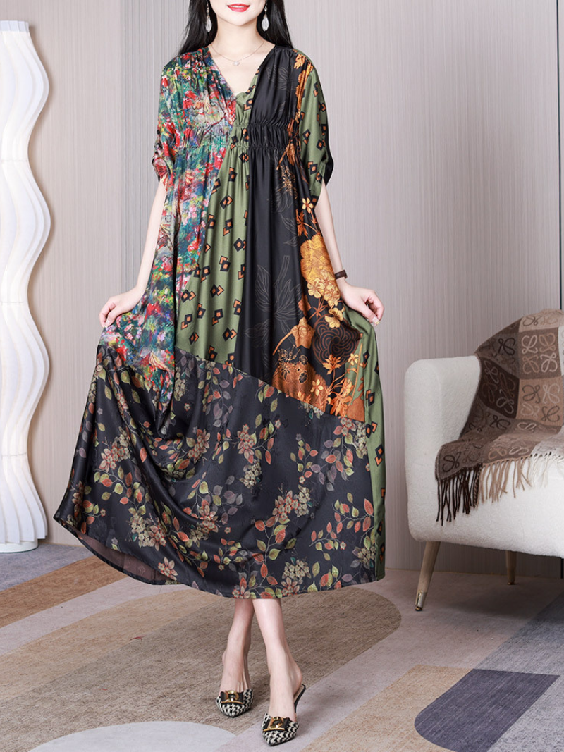 Multi Color V-Neck Short Sleeve Floral Patchwork Ruched Waist Loose Midi Dress