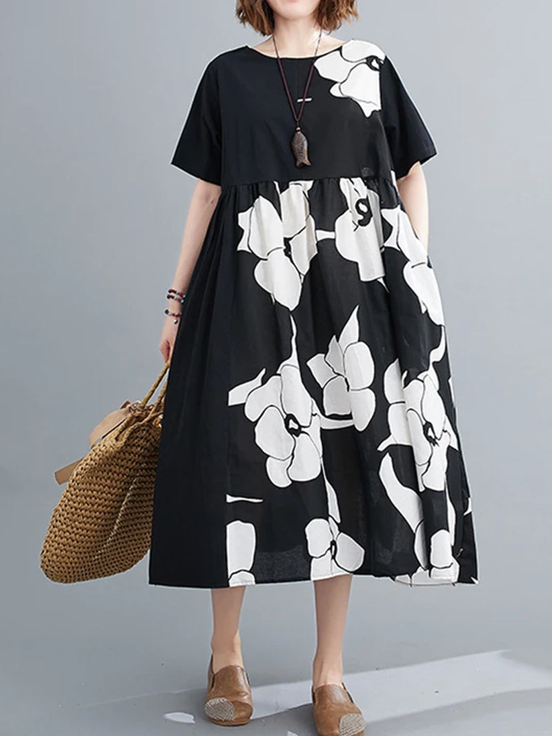 Black Round Neck Floral Print Smock Pocket A-Line Midi Dress