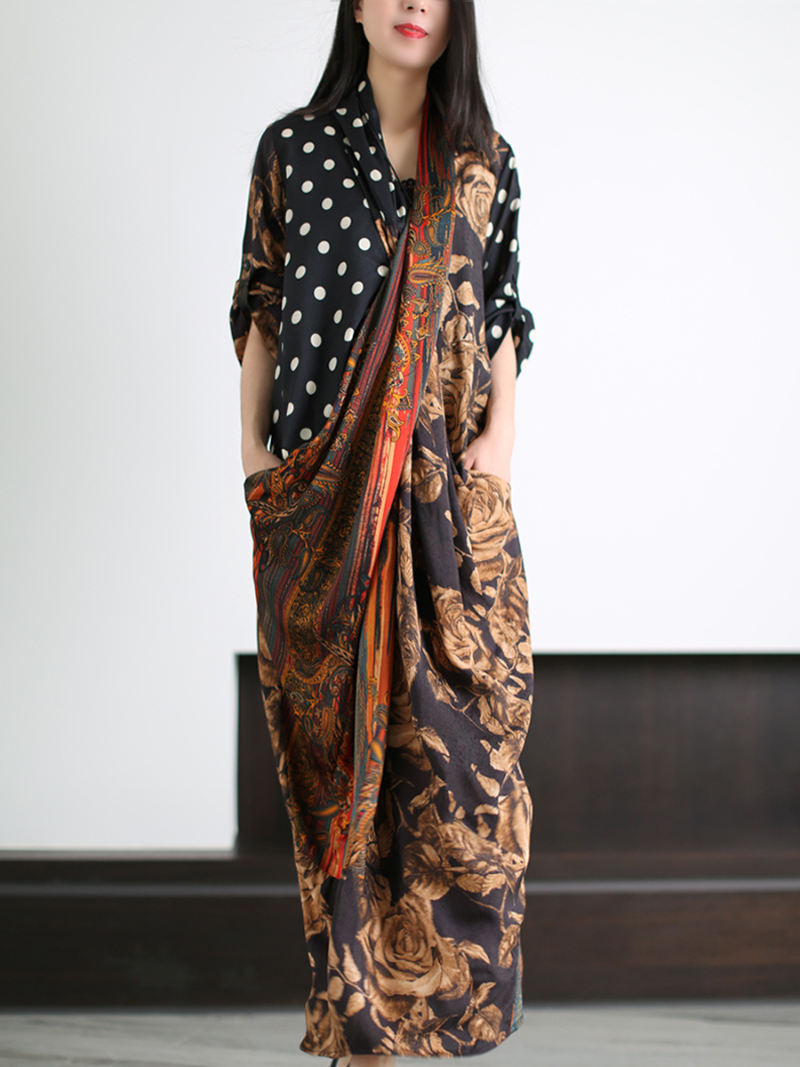 Multi Color Polka Dot Baroque Floral Patchwork Batwing Kaftan Maxi Dress 3