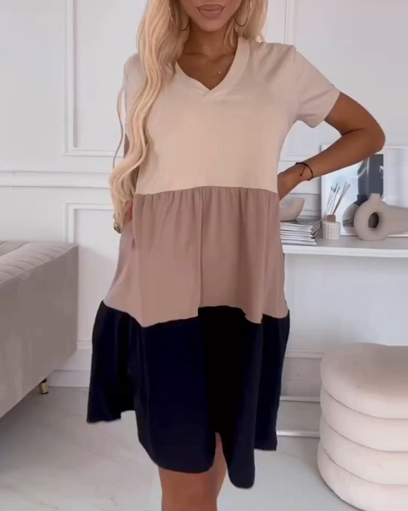 V-Neck Short Sleeve Tiered Babydoll Mini Dress 12