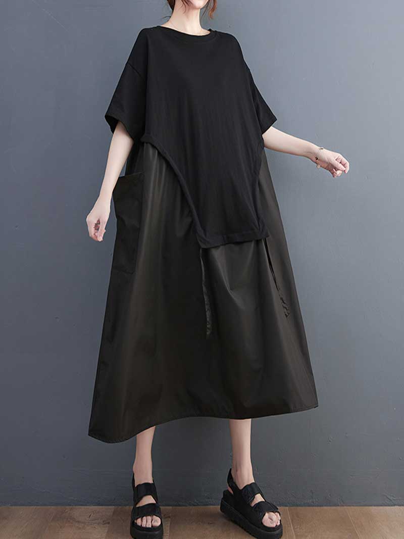 Round Neck Short Sleeve Layered Asymmetric Loose A-Line Midi Dress 2