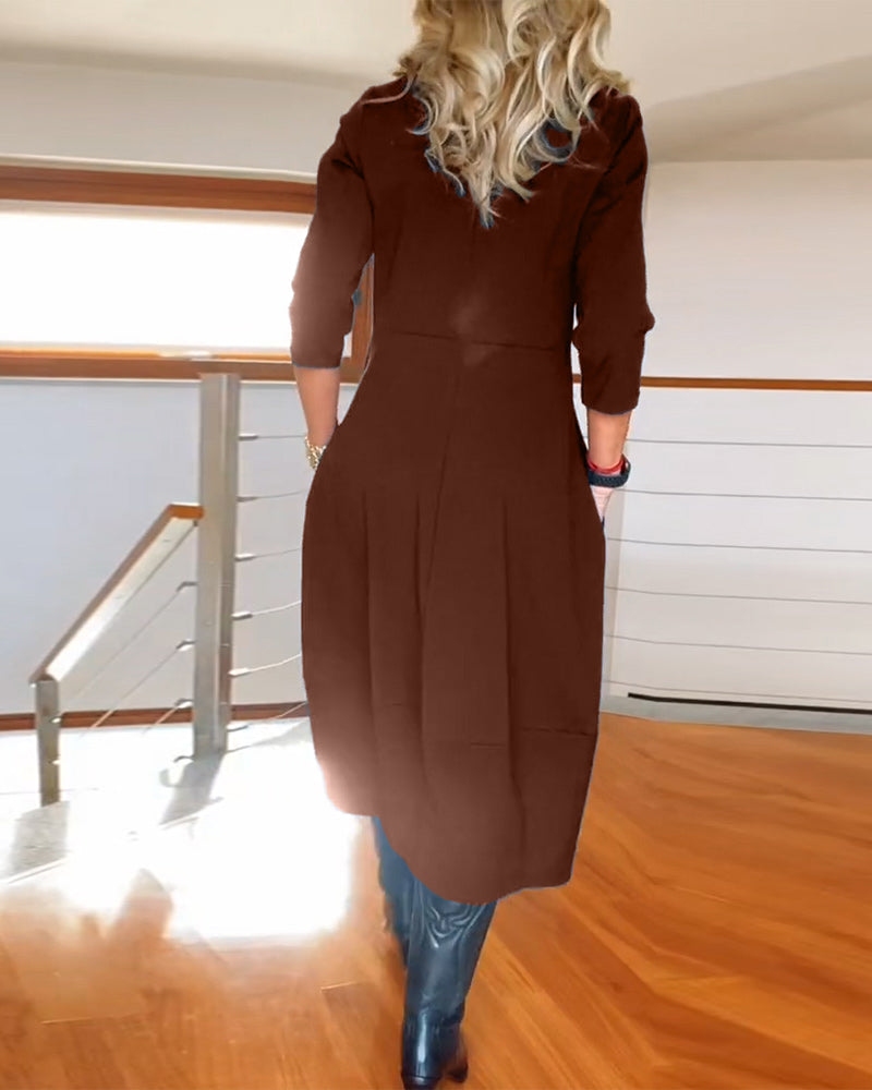 Round Neck Three Quarter Sleeve Pocket Cocoon Midi Dress