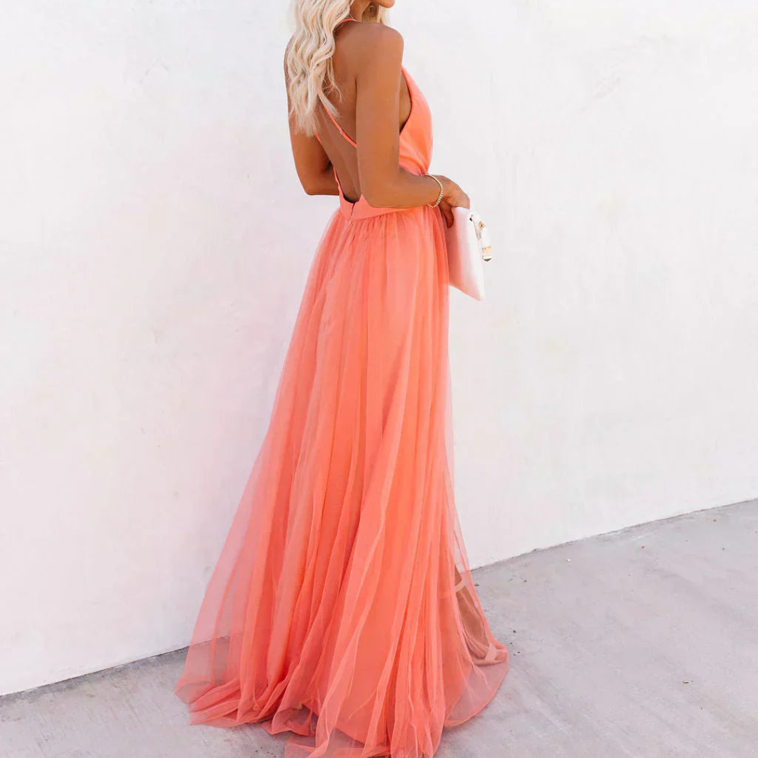Spaghetti Strap Plunge V-Neck Tulle Pleated A-Line Maxi Gown 5