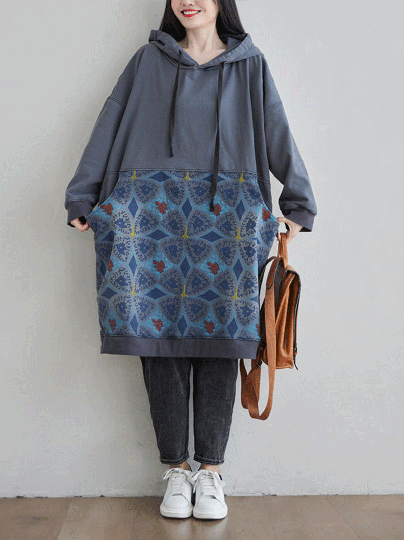 Hooded Drawstring Printed Pocket Sweatshirt Midi Dress 2