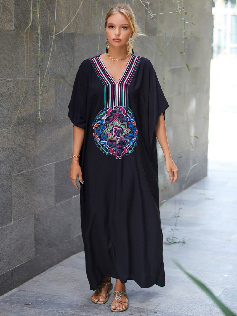 Black V-Neck Batwing Sleeve Embroidered Medallion Kaftan Maxi Dress 3