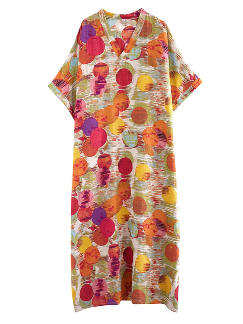 V-Neck Short Sleeve Abstract Dot Print Loose Kaftan Maxi Dress