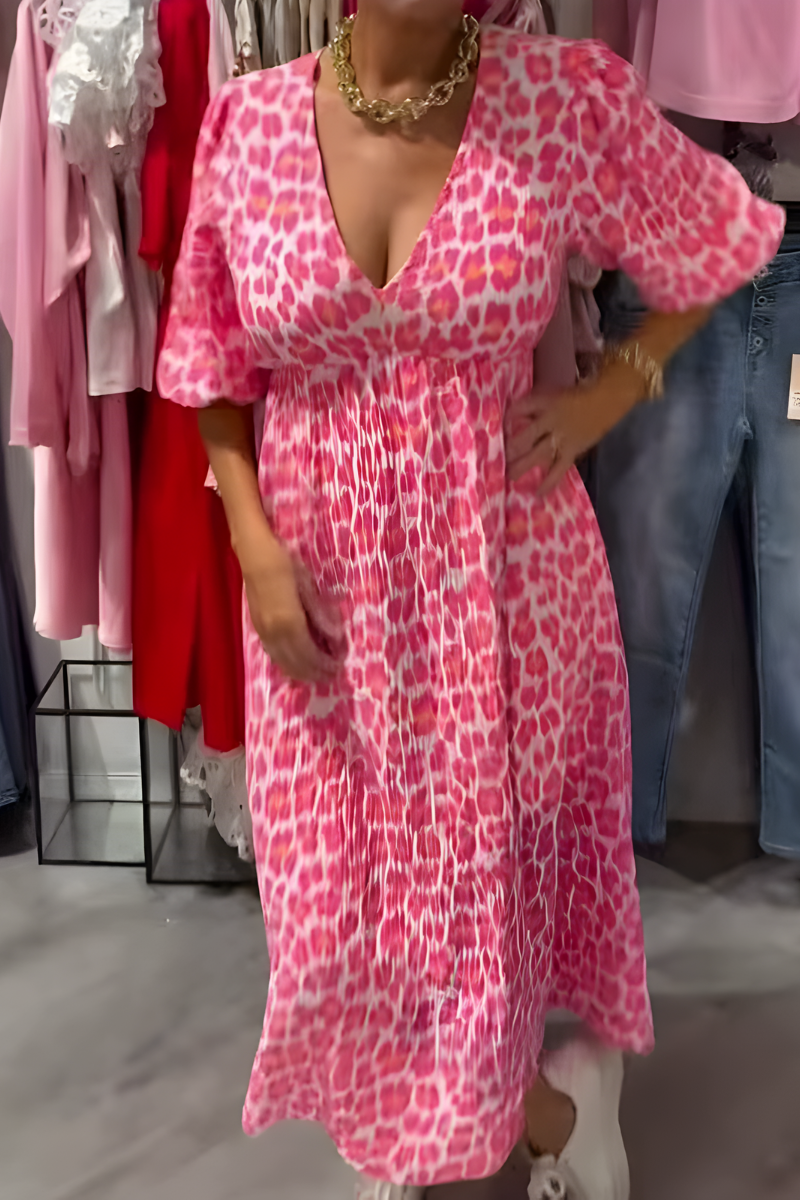 V-Neck Geometric Stripe Puff Sleeve Empire Waist Flowy Maxi Dress 4