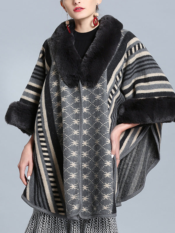 Faux Fur Collar Striped Aztec Print Cape Cardigan 5