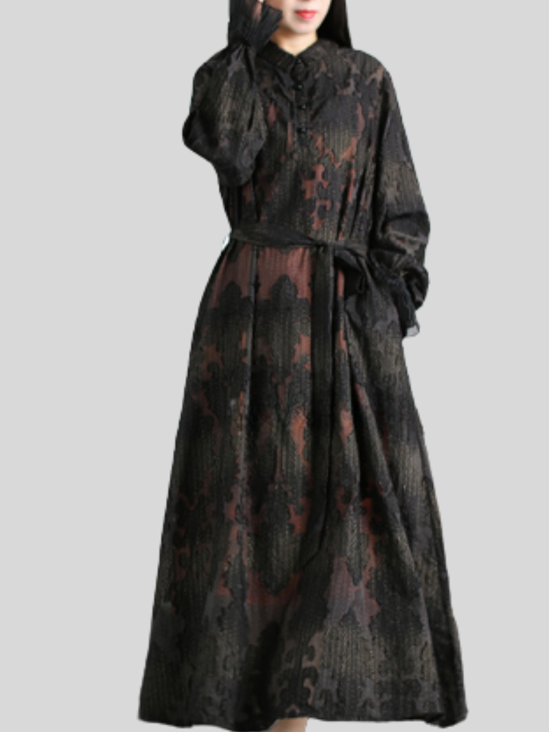 Black Stand Collar Abstract Print Tie Waist Long Sleeve A-Line Maxi Dress