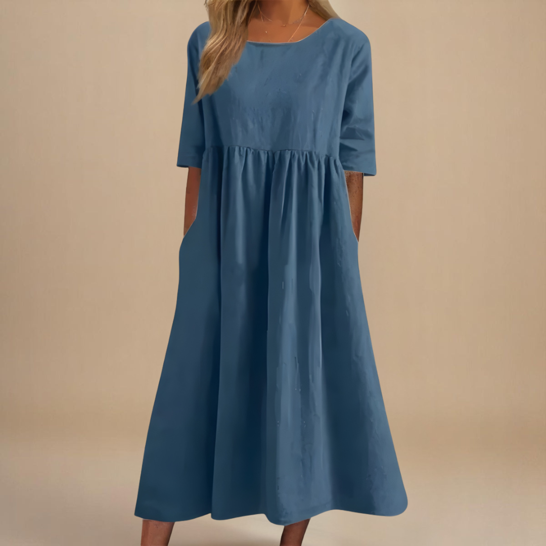 Round Neck Short Sleeve Linen Empire Waist Pocket A-Line Midi Dress