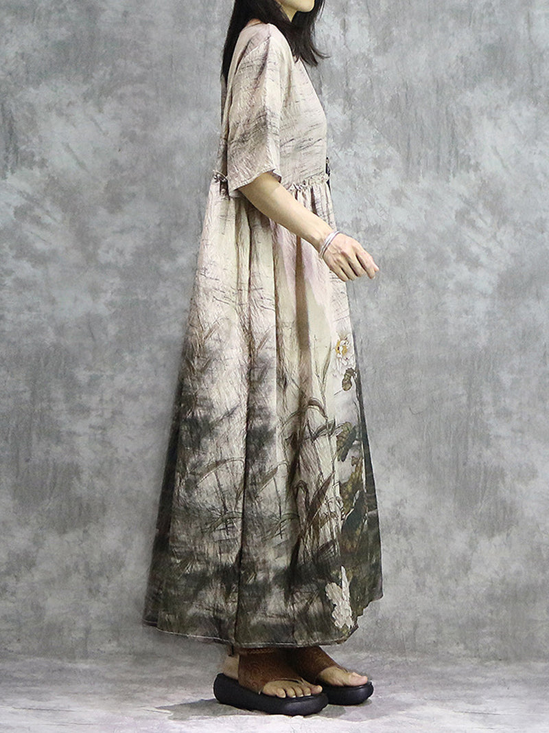 Light Coffee Round Neck Ink Floral Short Sleeve Empire Waist Maxi Dress 5
