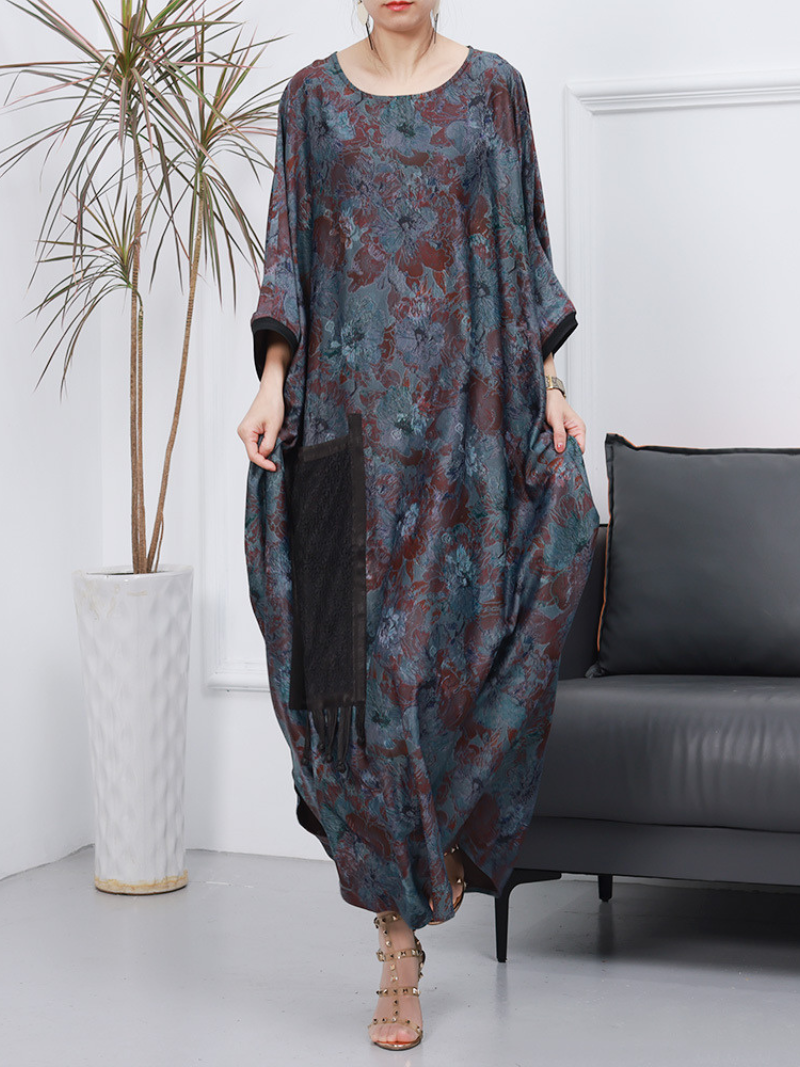Blue Round Neck Floral Print Batwing Sleeve Loose Kaftan Maxi Dress