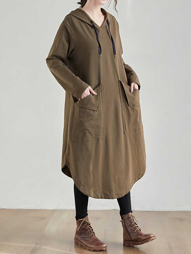 Hooded Drawstring Long Sleeve Pocket Loose Hoodie Dress 5