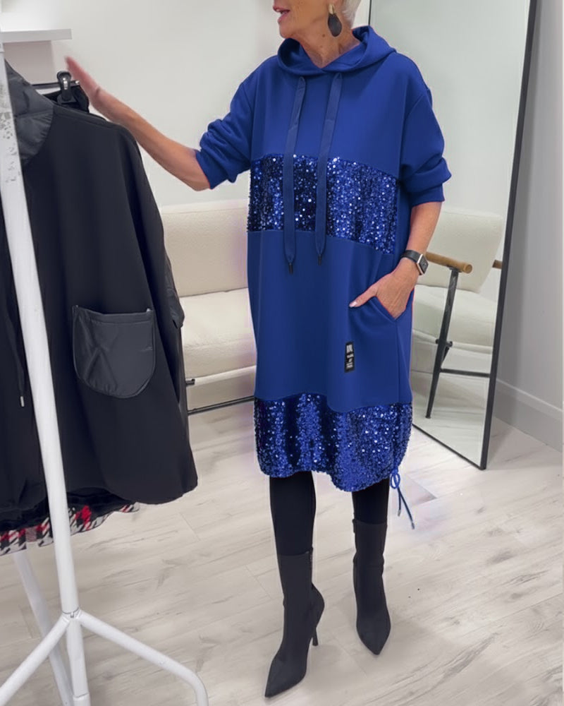 Hooded Drawstring Sequin Patchwork Panel Pocket Sweatshirt Midi Dress