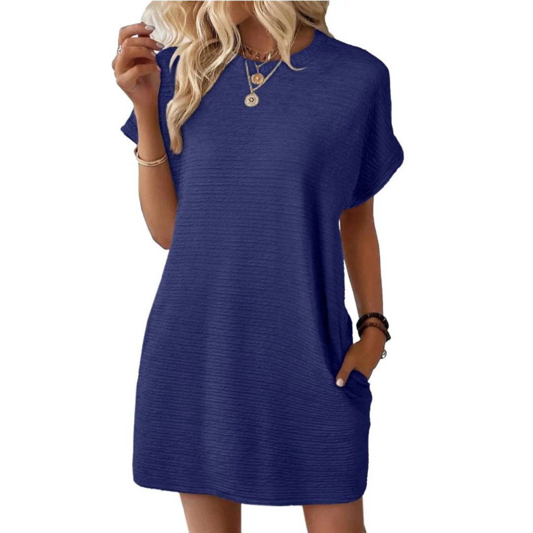 Crew Neck Cuffed Short Sleeve Textured Shift Mini Dress