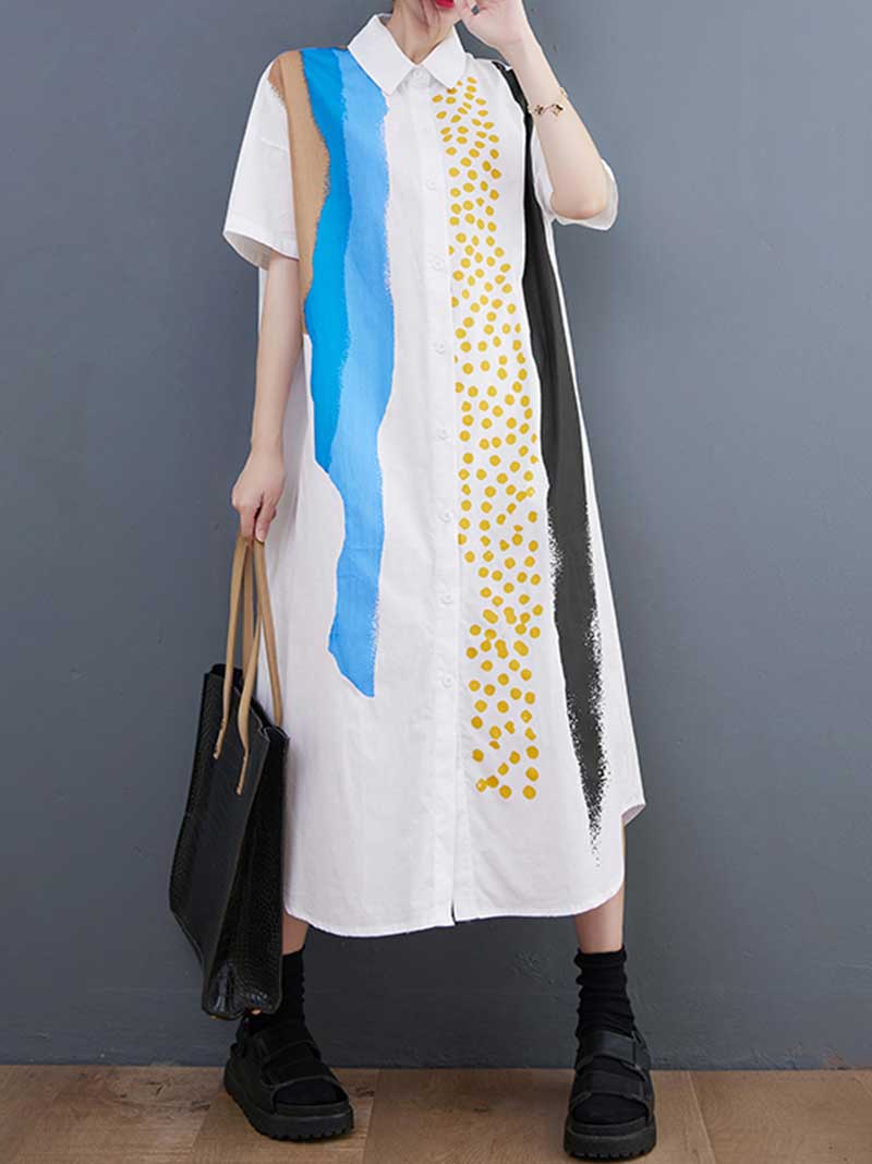 Collared Abstract Print Short Sleeve Shirt Midi Dress 6